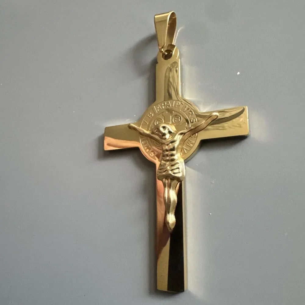 Gold Tone Cross Jesus Pendant 24” Chain Christ Stainless Steel Catholic Gift